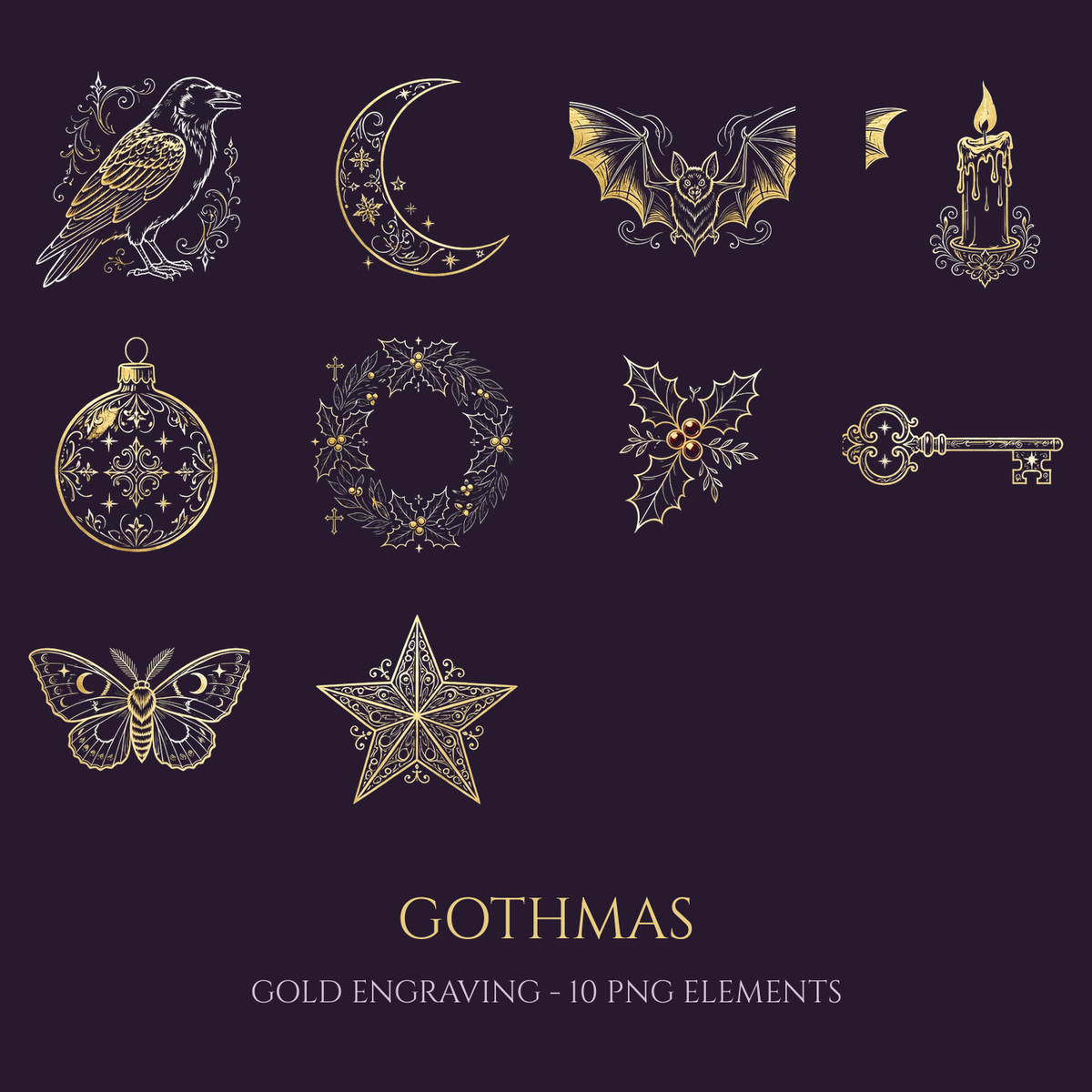 Gothmas Gold Engraving PNG Bundle — 10 Elements (Digital Download)