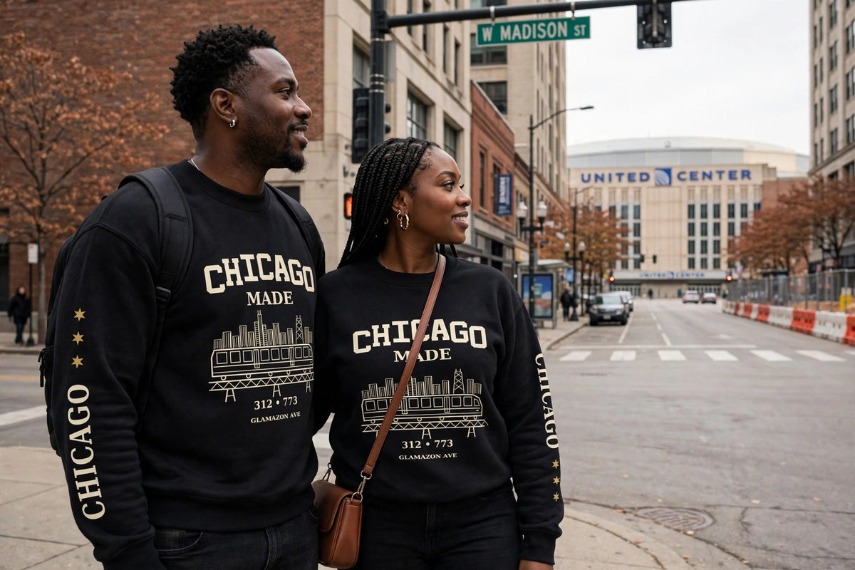 Chicago Made crewneck on W Madison St, looking toward the United Center