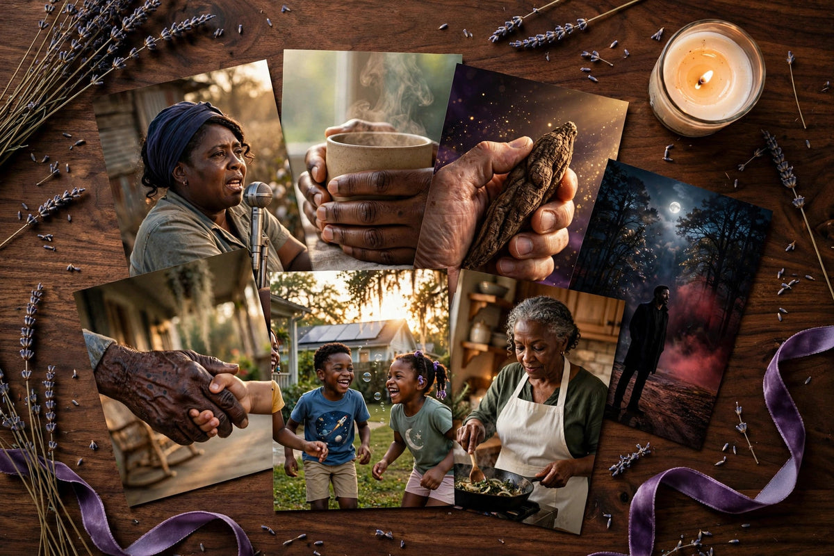Hoodoo Heritage collection preview showing all seven digital artworks; digital files only, no physical prints included