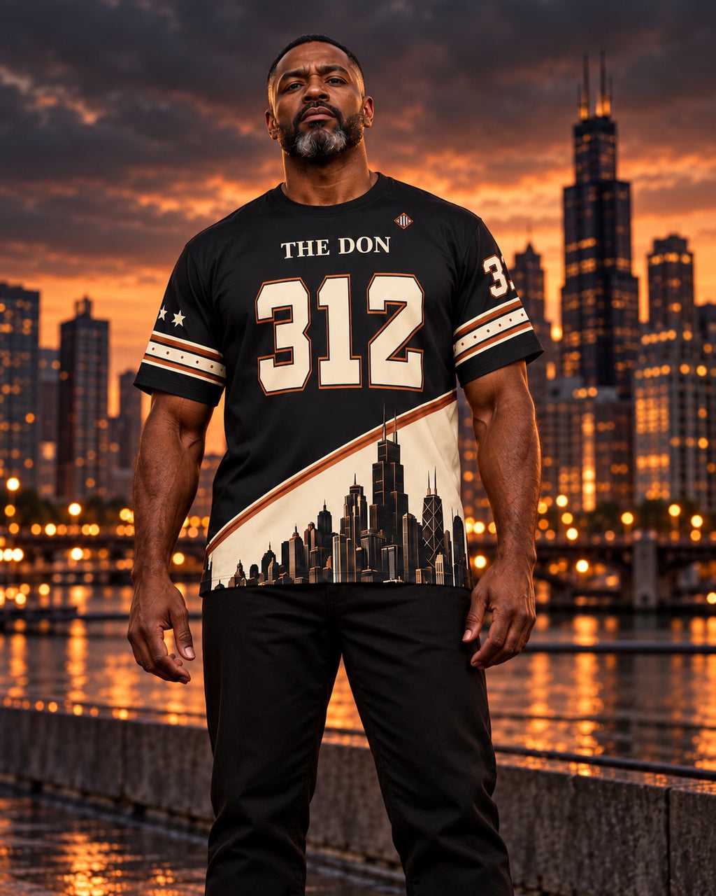 AI-styled campaign image of a man wearing THE DON 312 jersey in Chicago; see product views for exact print details.