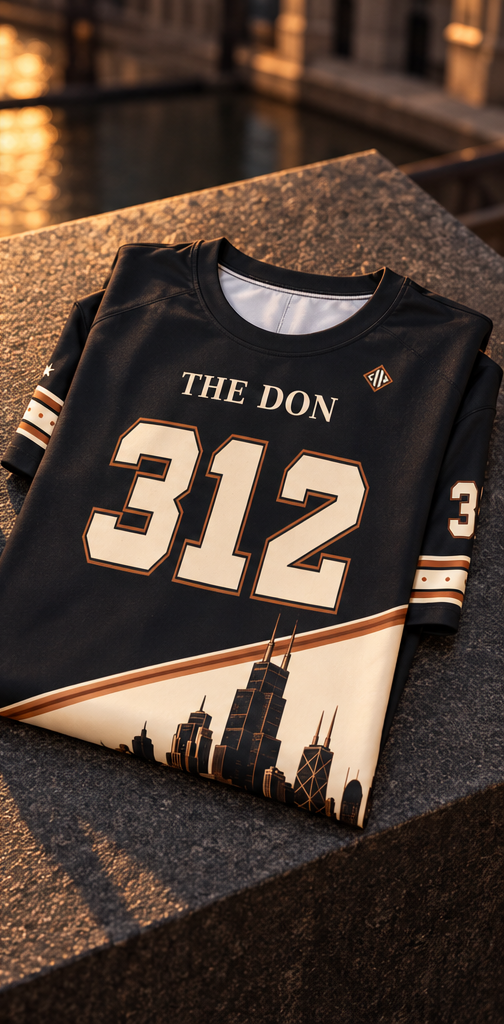 AI-styled campaign image of a folded THE DON 312 jersey; see product views for exact print details.