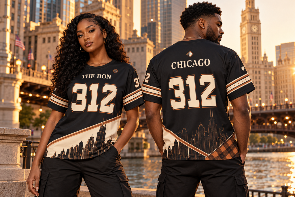 AI-styled campaign scene: a young adult man and woman together in Chicago wearing THE DON 312 jerseys, showing front and back styling. Illustrative, not an exact physical-product proof.
