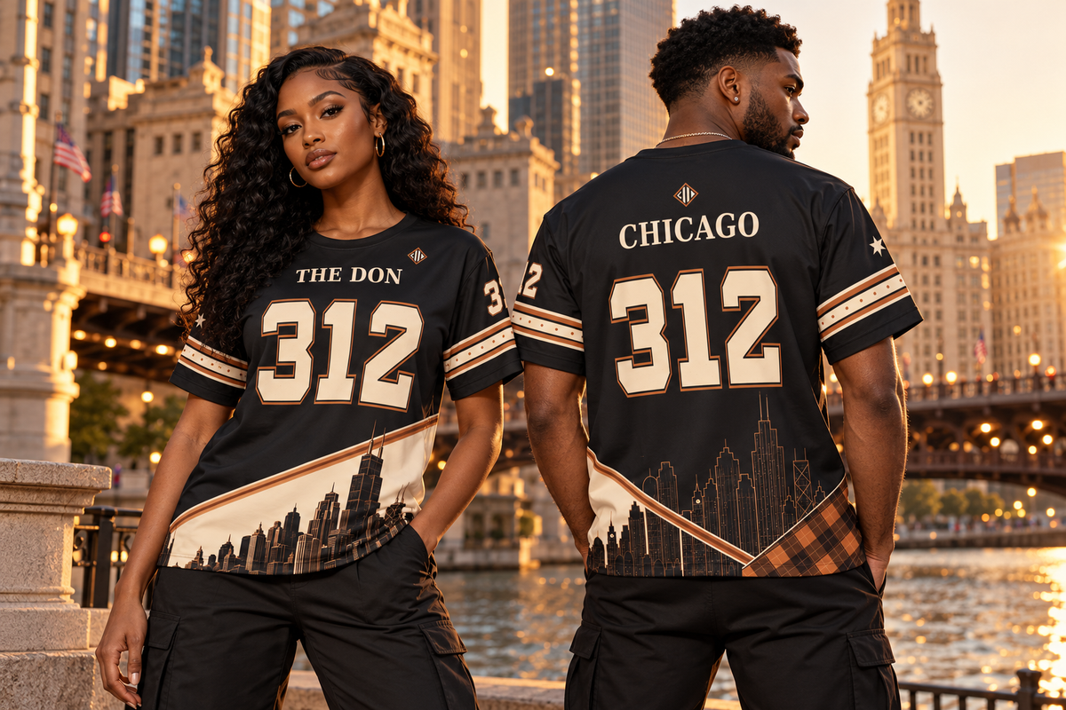 AI-styled campaign scene: a young adult man and woman together in Chicago wearing THE DON 312 jerseys, showing front and back styling. Illustrative, not an exact physical-product proof.