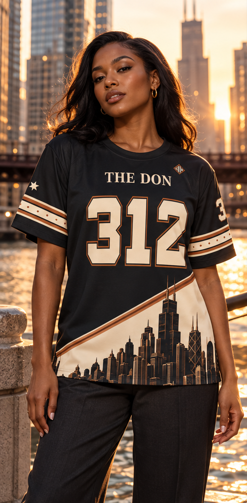 AI-styled campaign image of a woman wearing THE DON 312 jersey; see product views for exact print details.