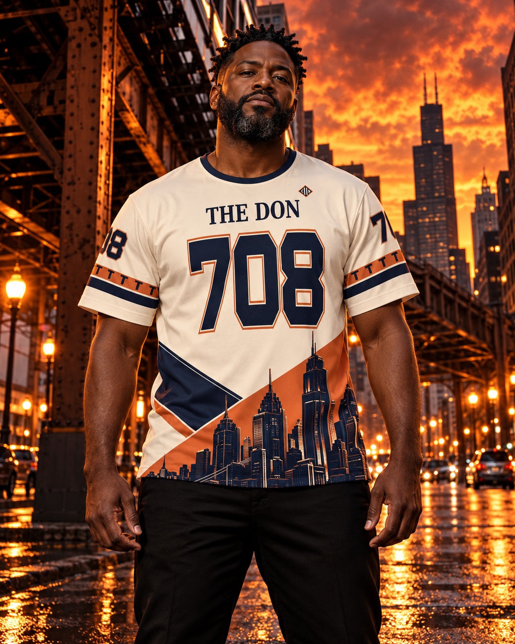 AI-styled campaign image of a man wearing THE DON 708 jersey in Chicago; see product views for exact print details.