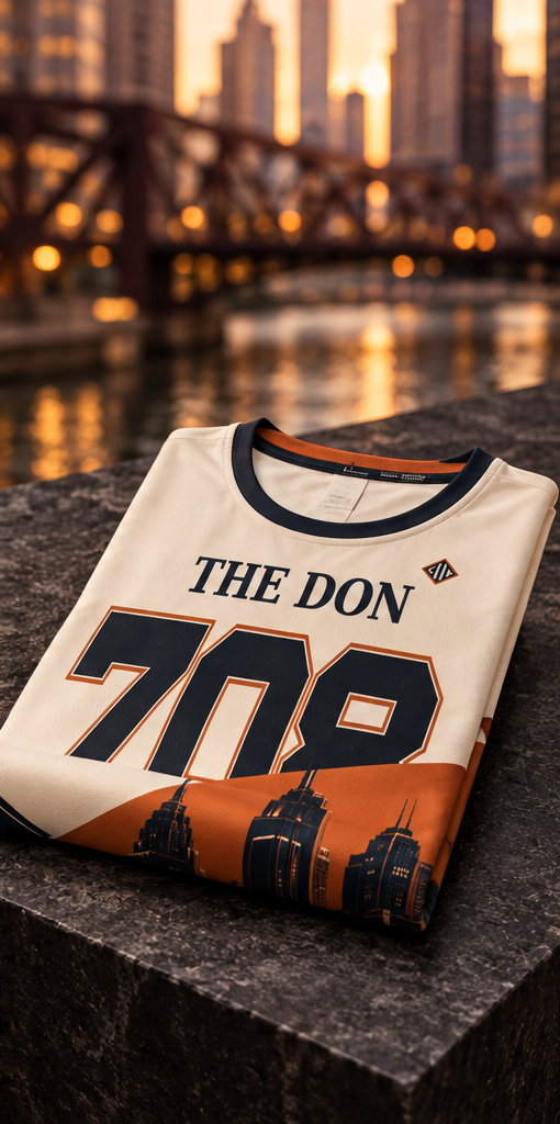 AI-styled campaign image of a folded THE DON 708 jersey; see product views for exact print details.