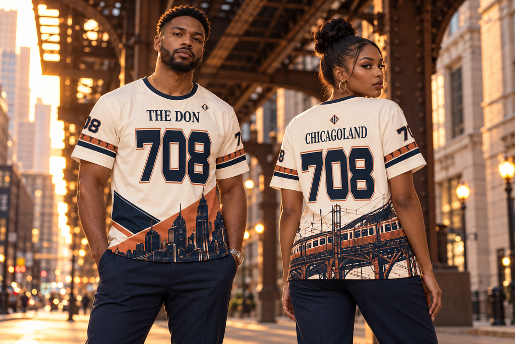 AI-styled campaign scene: a young adult man and woman together in Chicago wearing THE DON 708 jerseys, showing front and back styling. Illustrative, not an exact physical-product proof.