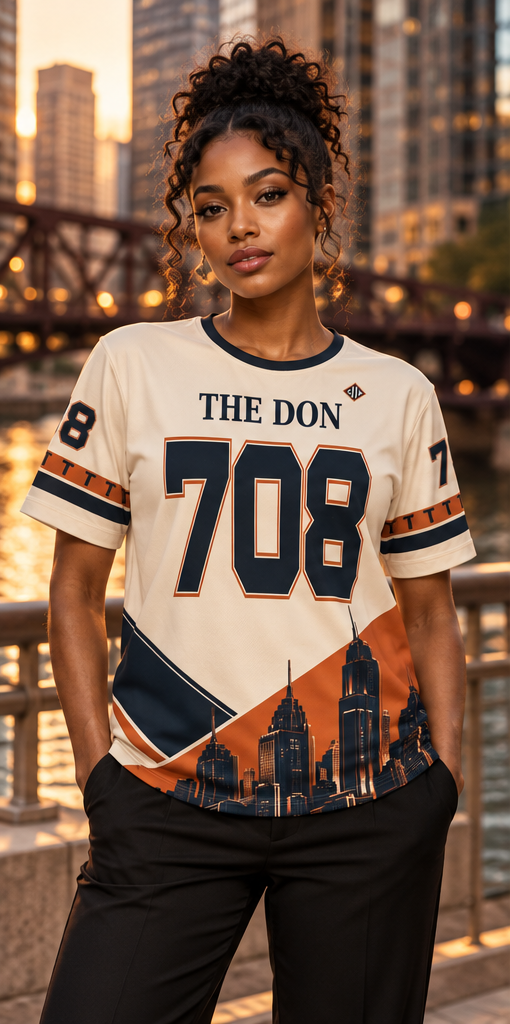 AI-styled campaign image of a woman wearing THE DON 708 jersey; see product views for exact print details.