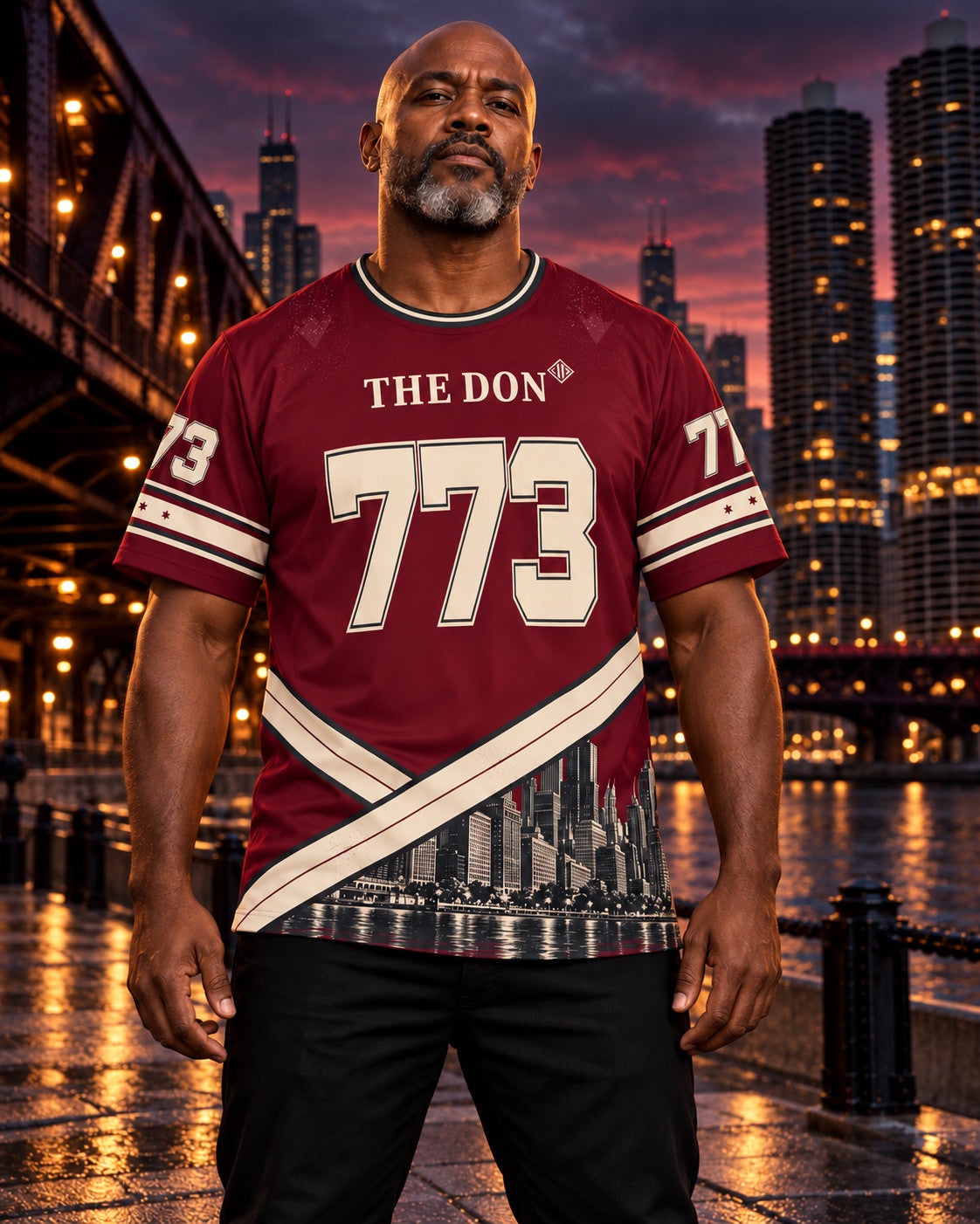 AI-styled campaign image of a man wearing THE DON 773 jersey in Chicago; see product views for exact print details.