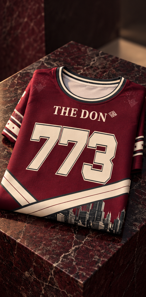 AI-styled campaign image of a folded THE DON 773 jersey; see product views for exact print details.