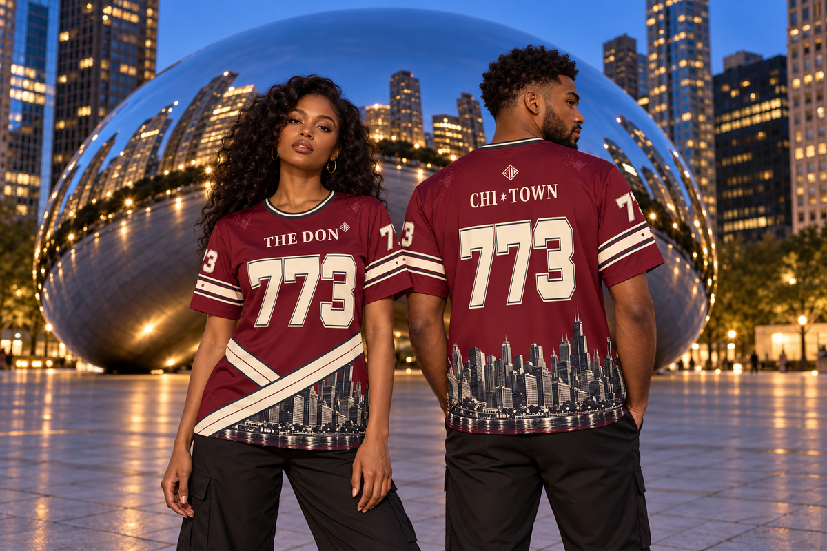 AI-styled campaign scene: a young adult man and woman together in Chicago wearing THE DON 773 jerseys, showing front and back styling. Illustrative, not an exact physical-product proof.