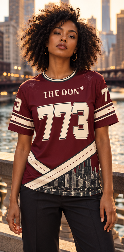 AI-styled campaign image of a woman wearing THE DON 773 jersey; see product views for exact print details.