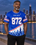 AI-styled campaign image of a man wearing THE DON 872 jersey in Chicago; see product views for exact print details.