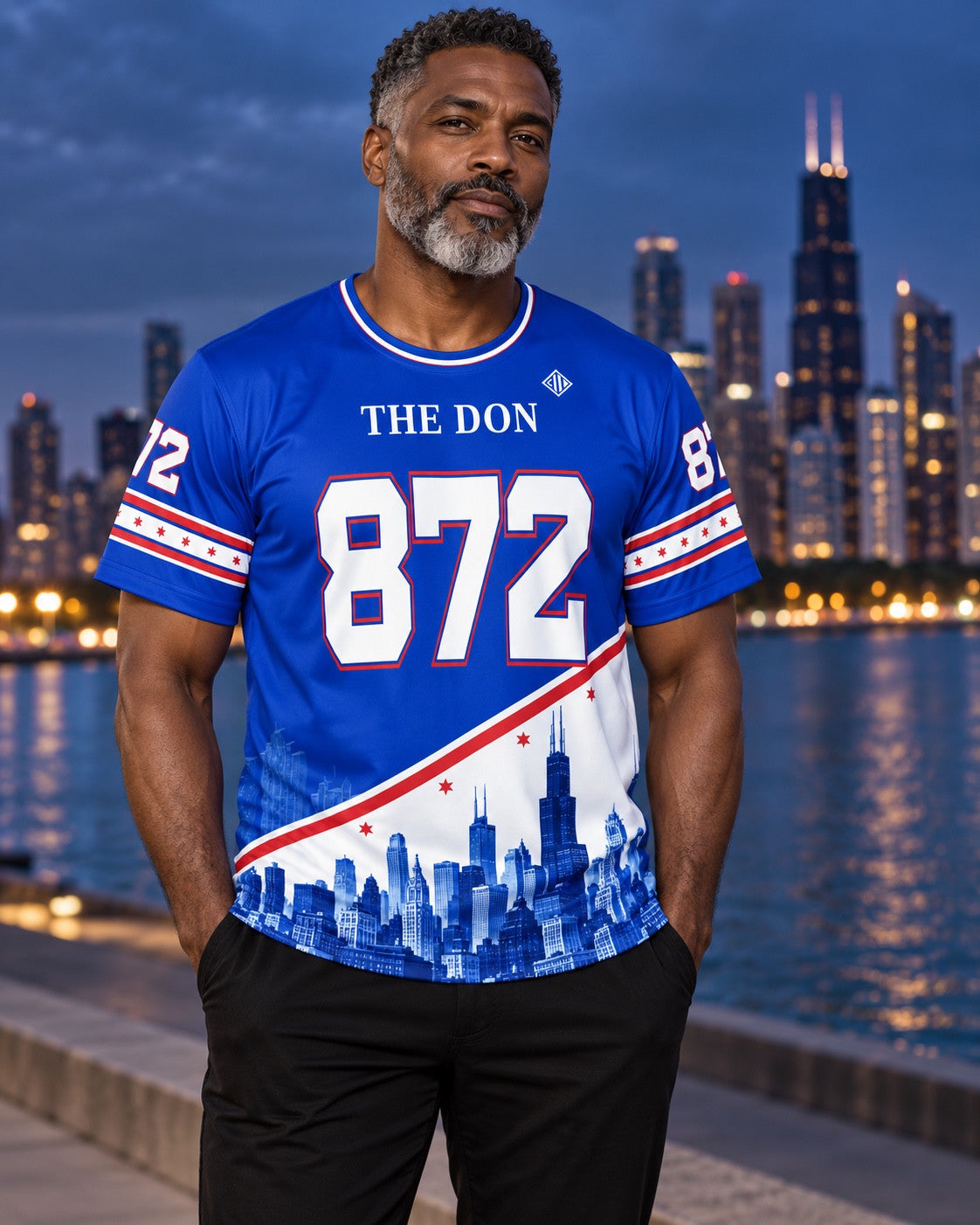 AI-styled campaign image of a man wearing THE DON 872 jersey in Chicago; see product views for exact print details.