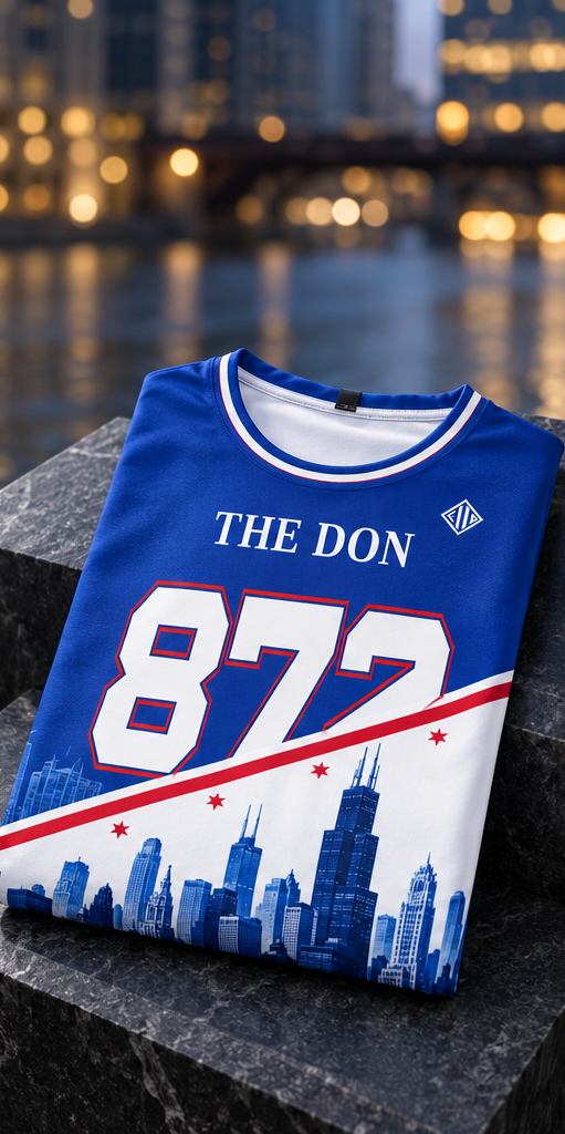 AI-styled campaign image of a folded THE DON 872 jersey; see product views for exact print details.