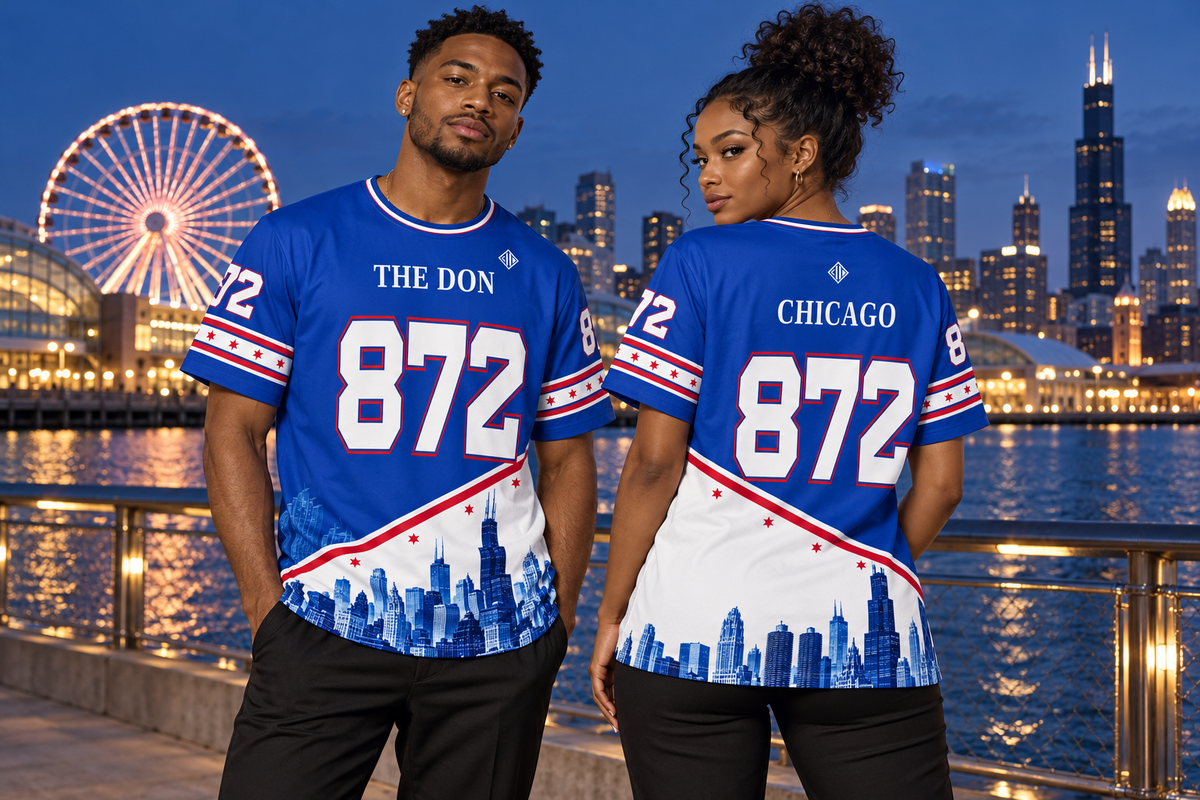 AI-styled campaign scene: a young adult man and woman together in Chicago wearing THE DON 872 jerseys, showing front and back styling. Illustrative, not an exact physical-product proof.