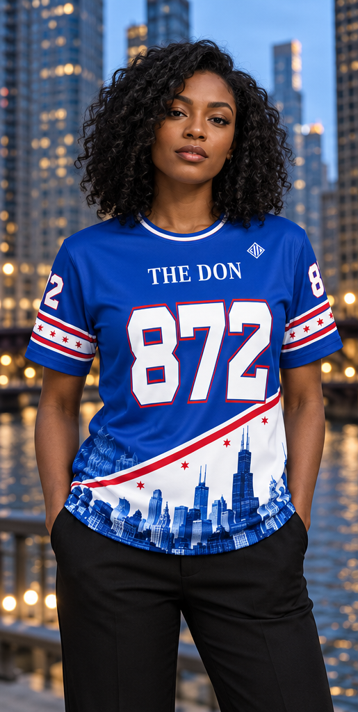 AI-styled campaign image of a woman wearing THE DON 872 jersey; see product views for exact print details.