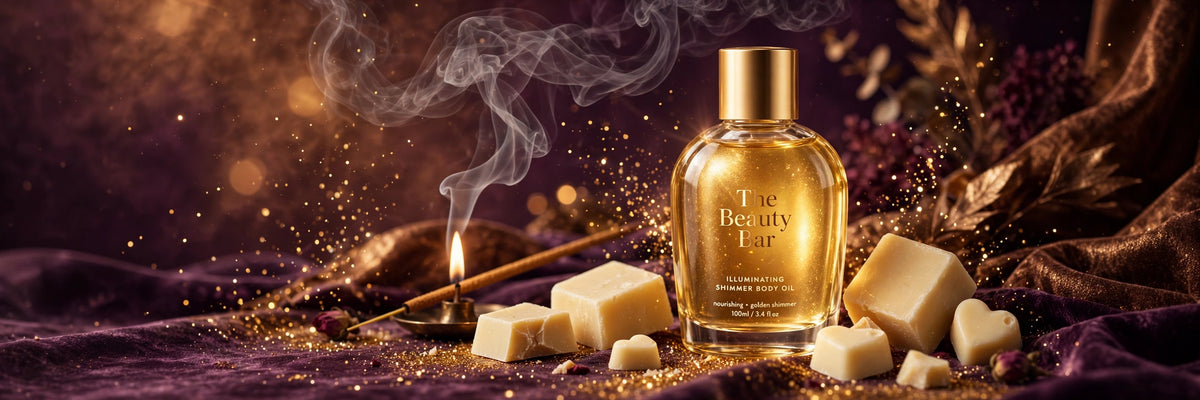 Beauty Bar campaign artwork with golden shimmer oil, wax melts and incense
