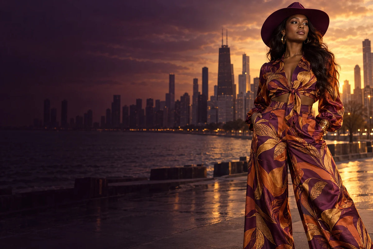 Chicago fashion campaign with a woman wearing a printed set and western hat at golden hour