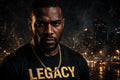 Legacy campaign artwork: a man in a black and gold graphic tee