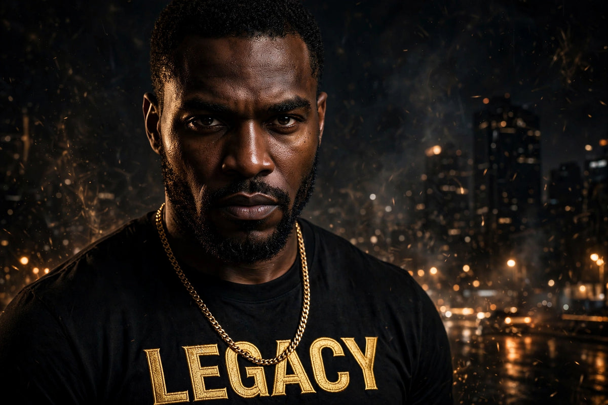 Legacy campaign artwork: a man in a black and gold graphic tee